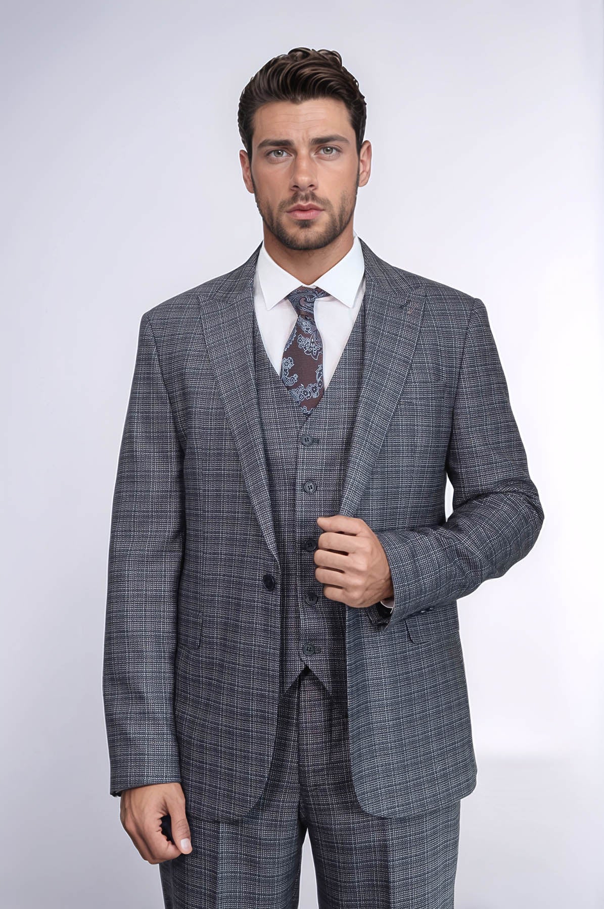 KOALA SYDNEY Patterned Vested Slim-Fit Navy Blue Men Suit -