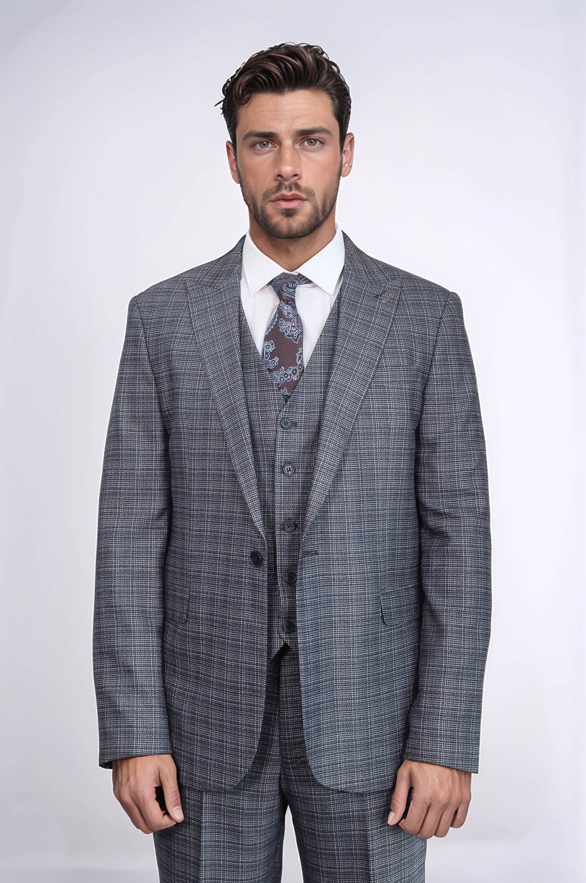 KOALA SYDNEY Patterned Vested Slim-Fit Navy Blue Men Suit -