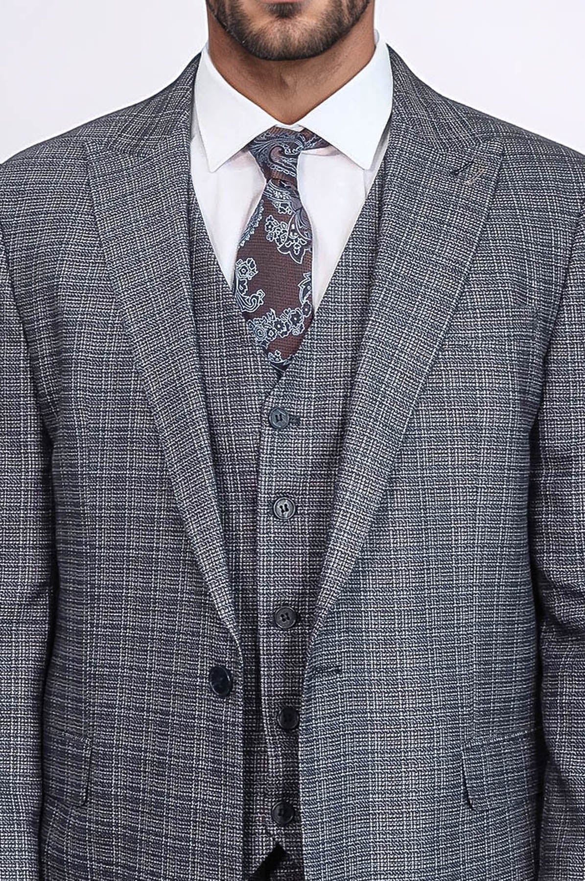 KOALA SYDNEY Patterned Vested Slim-Fit Navy Blue Men Suit -