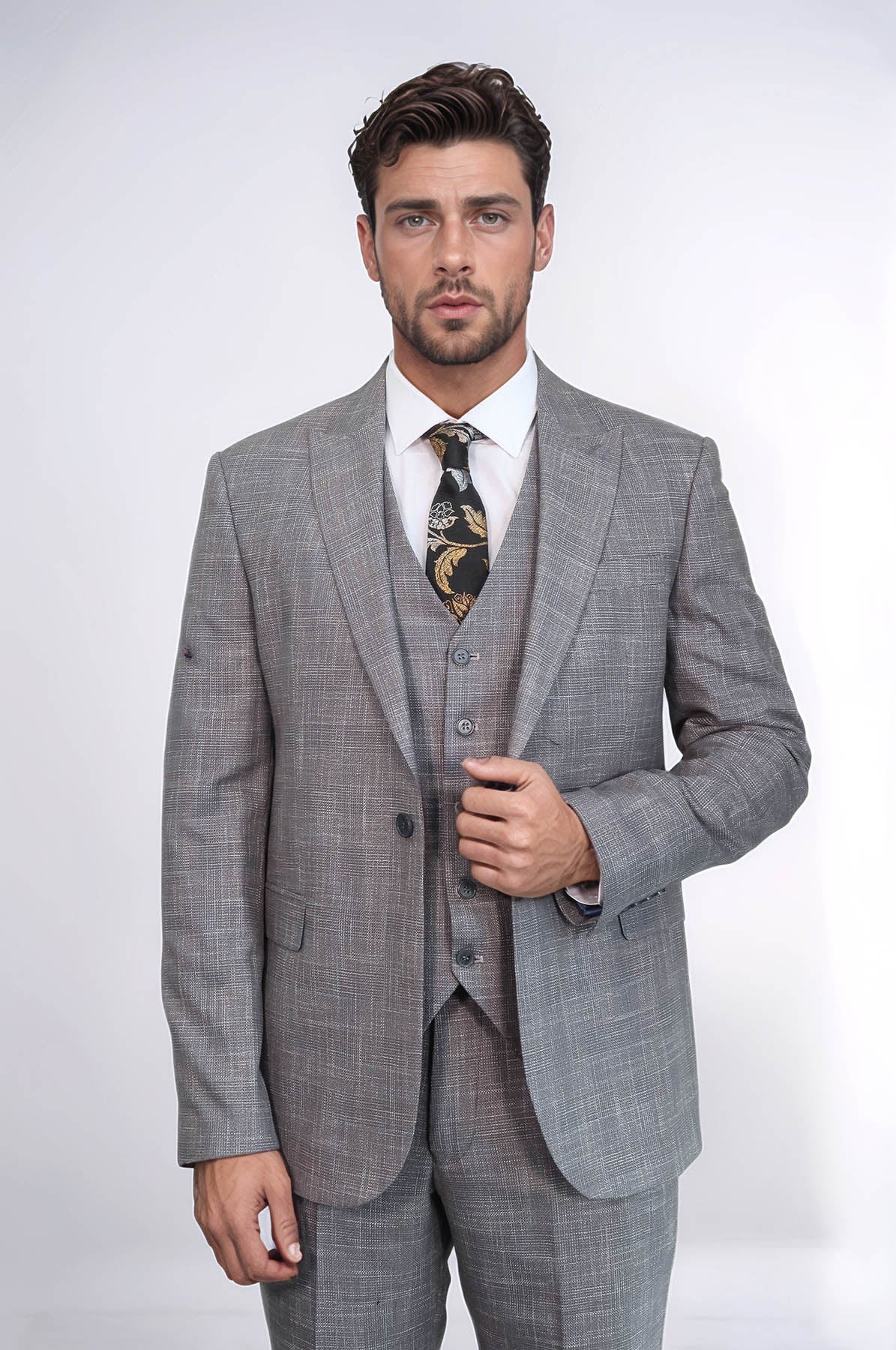 Patterned Vested Slim-Fit Grey Men Suit -