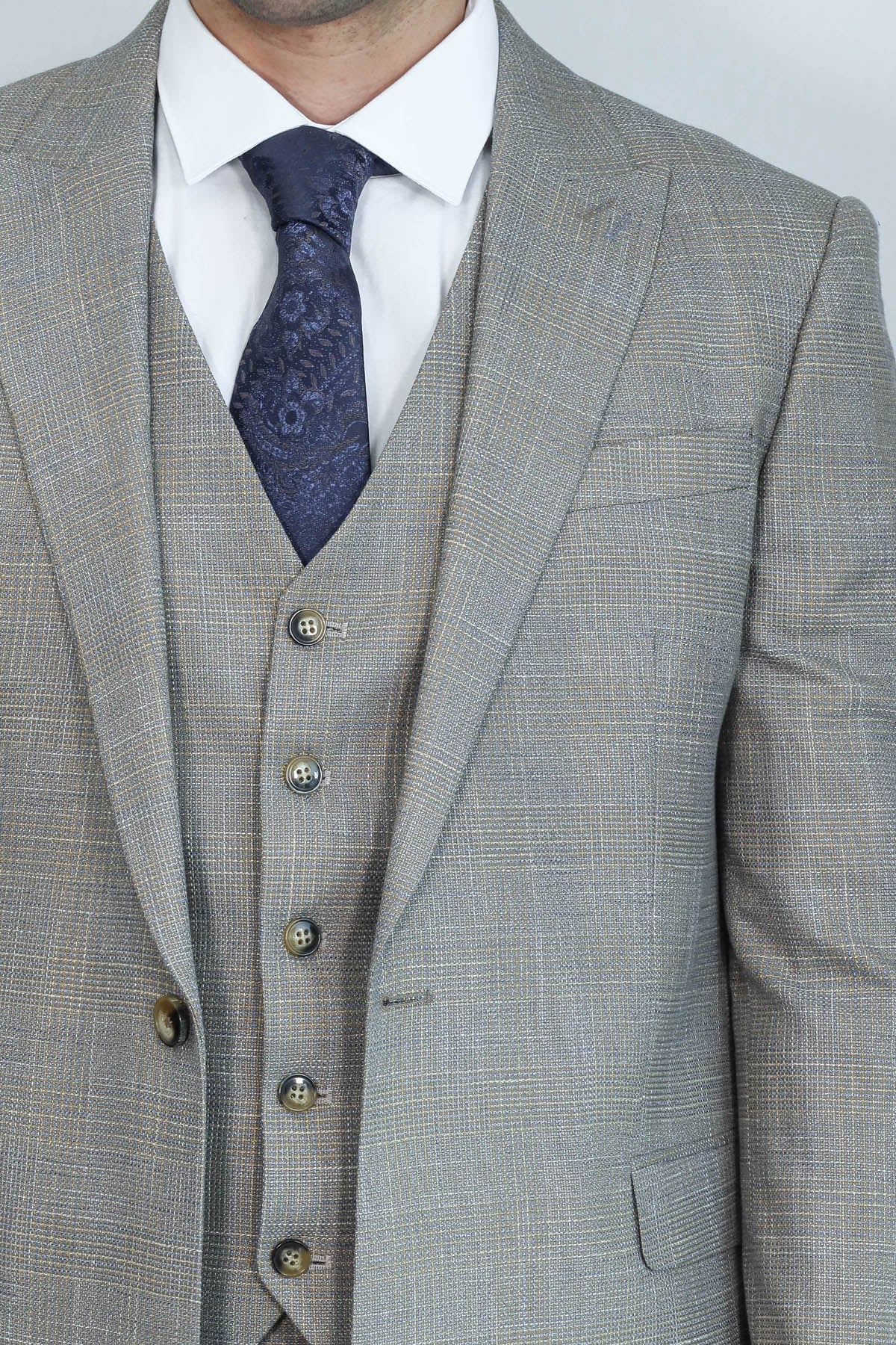 Patterned Vested Slim-Fit Beige Men’s Suit