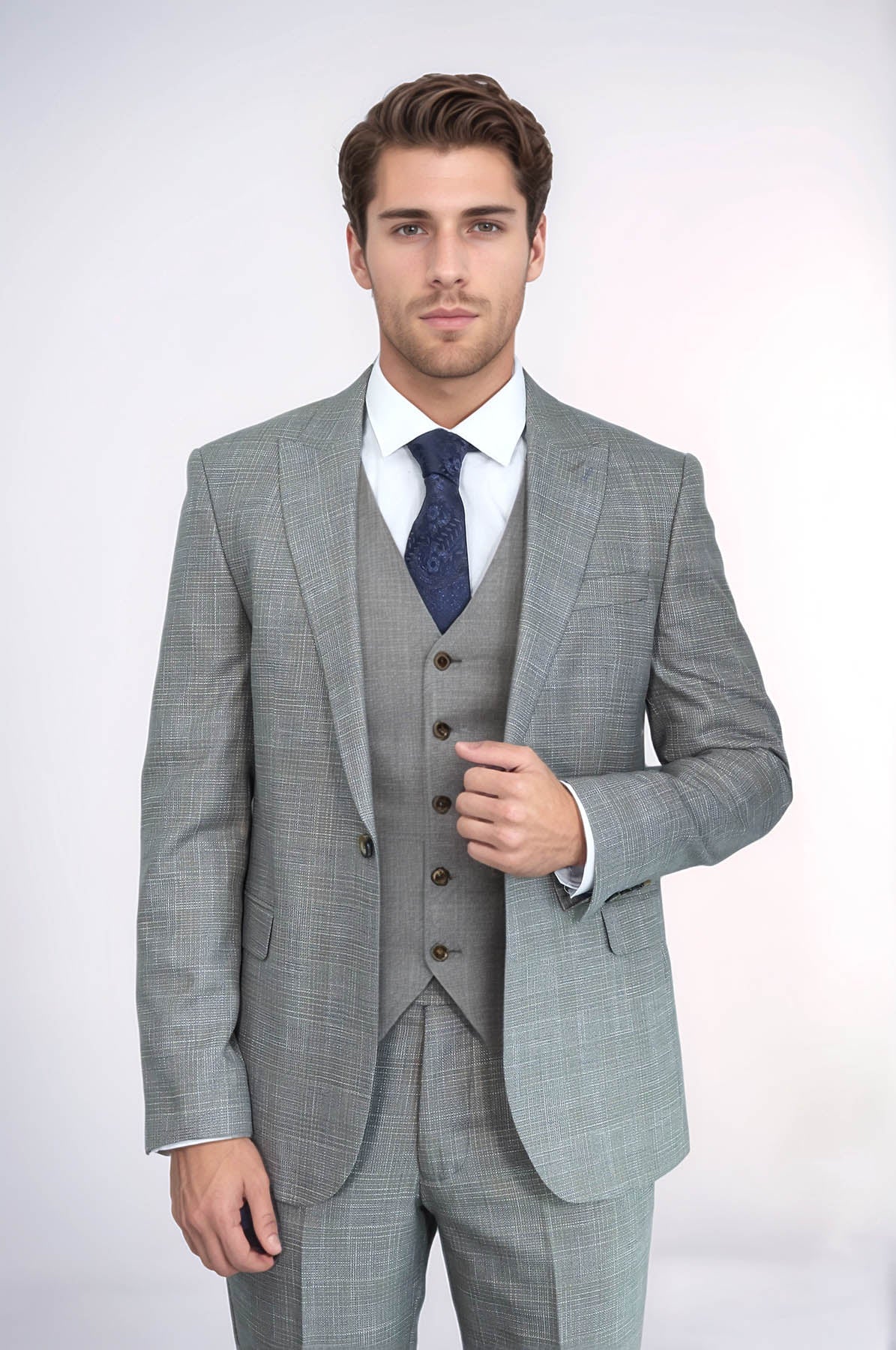 Patterned Vested Slim-Fit Beige Men’s Suit