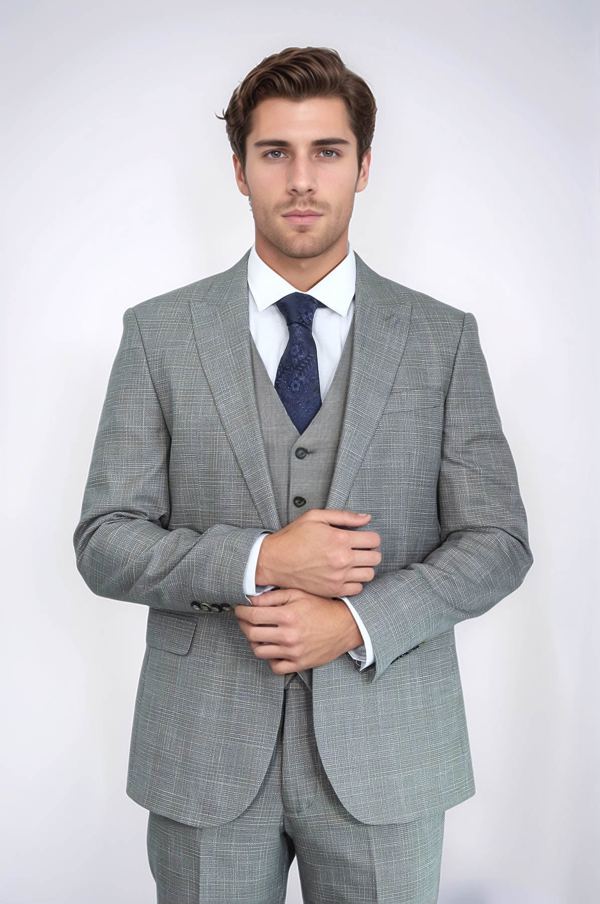 Patterned Vested Slim-Fit Beige Men’s Suit