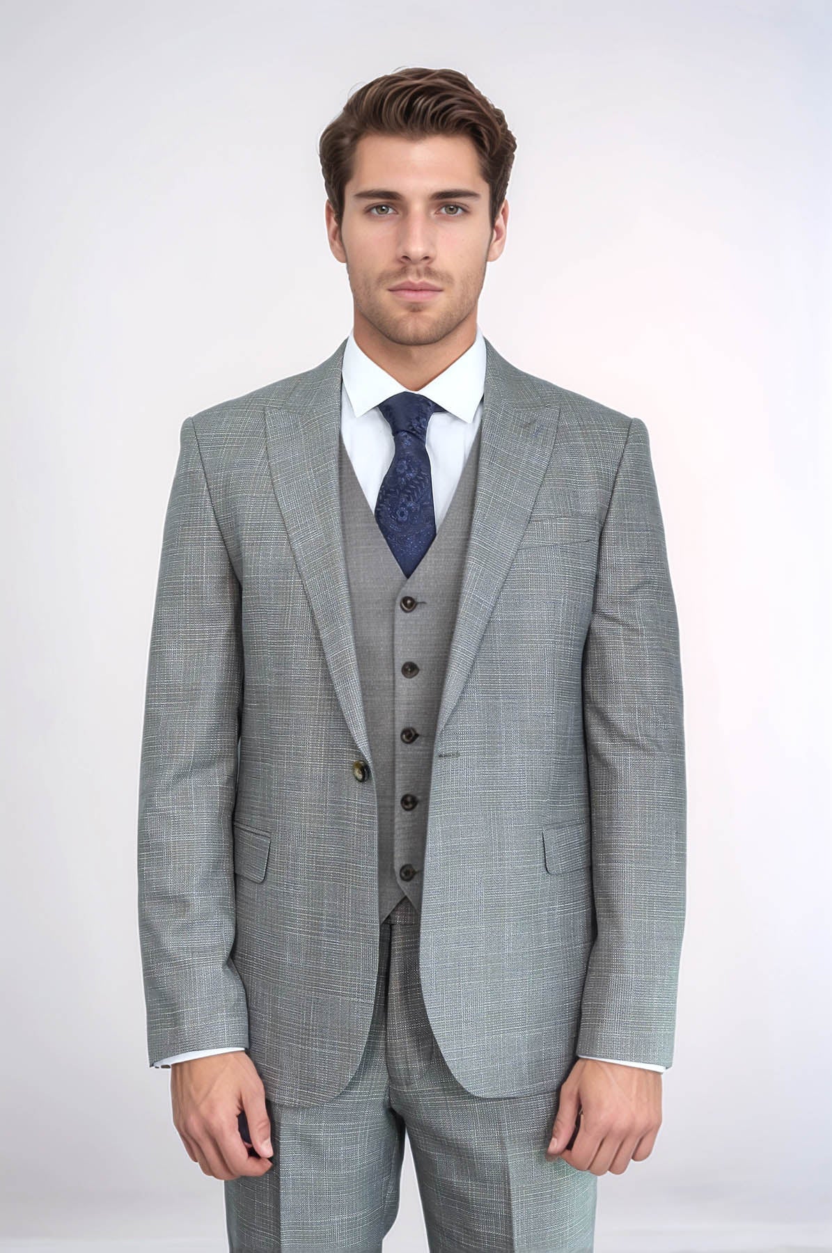 Patterned Vested Slim-Fit Beige Men’s Suit