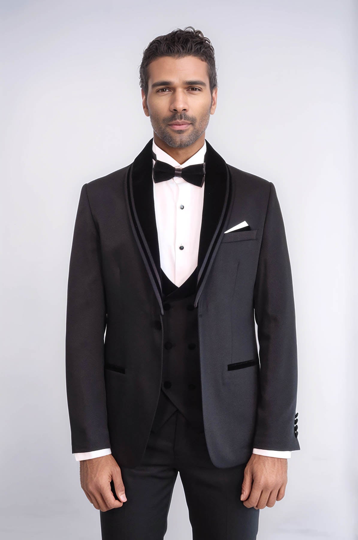 KOALA SYDNEY 3 Piece Trim Detailed Self-Patterned Velvet Shawl Collar Black Men's Tuxedo