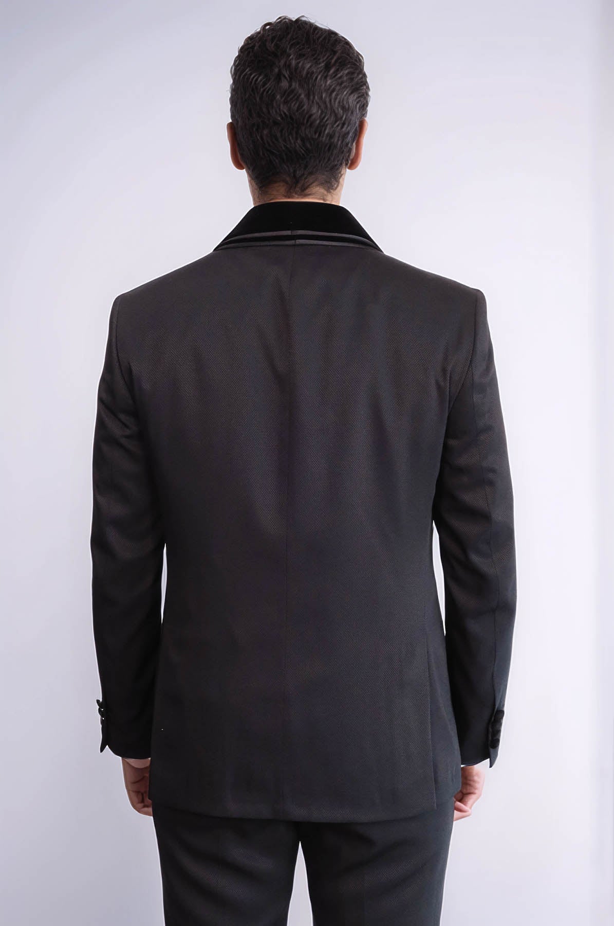 KOALA SYDNEY 3 Piece Trim Detailed Self-Patterned Velvet Shawl Collar Black Men's Tuxedo