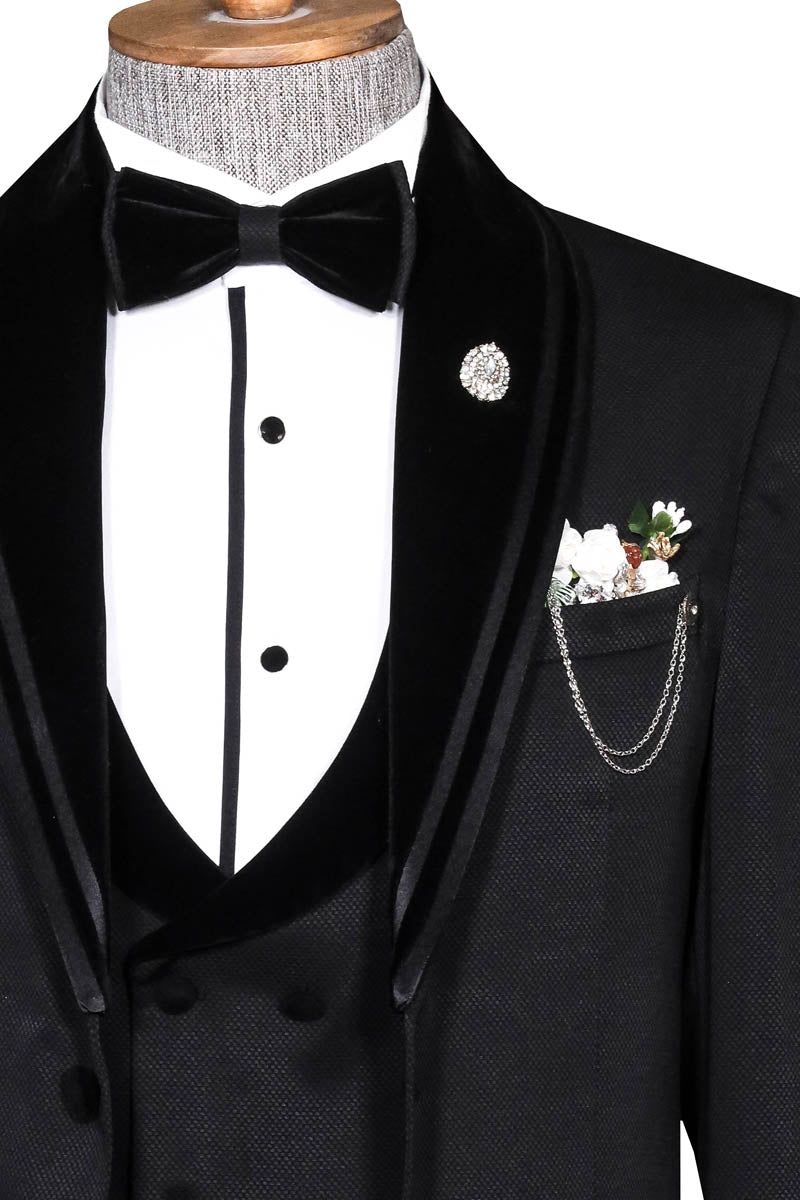 KOALA SYDNEY Black Velvet and Trim-Detail Waistcoat Tuxedo with White Shirt Look Evening Event Style