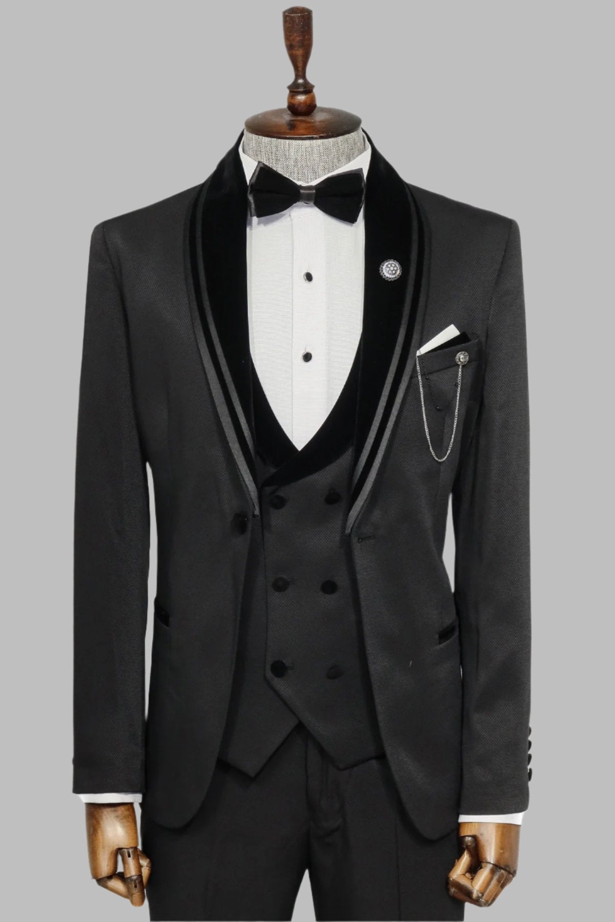 KOALA SYDNEY Black Velvet and Trim-Detail Waistcoat Tuxedo with White Shirt Look Evening Event Style