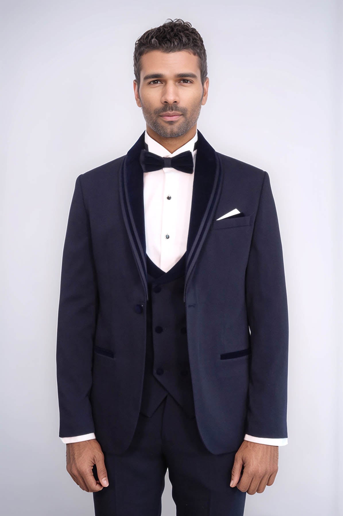 KOALA SYDNEY 3 Piece Trim Detailed Self-Patterned Velvet Shawl Collar Navy Blue Men's Tuxedo