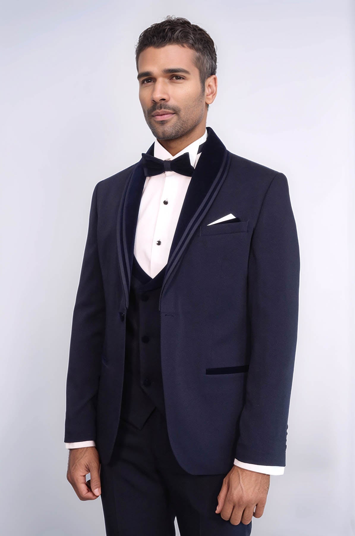 KOALA SYDNEY 3 Piece Trim Detailed Self-Patterned Velvet Shawl Collar Navy Blue Men's Tuxedo
