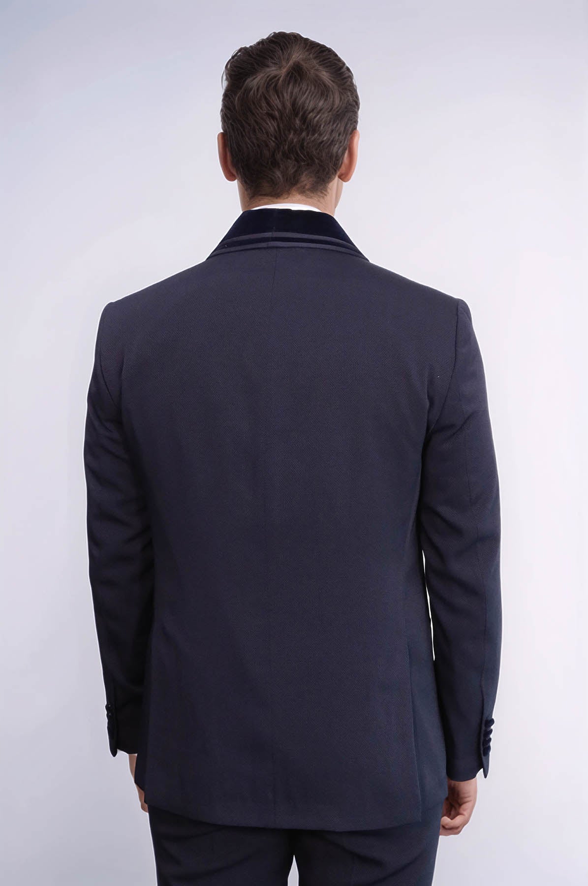 KOALA SYDNEY 3 Piece Trim Detailed Self-Patterned Velvet Shawl Collar Navy Blue Men's Tuxedo