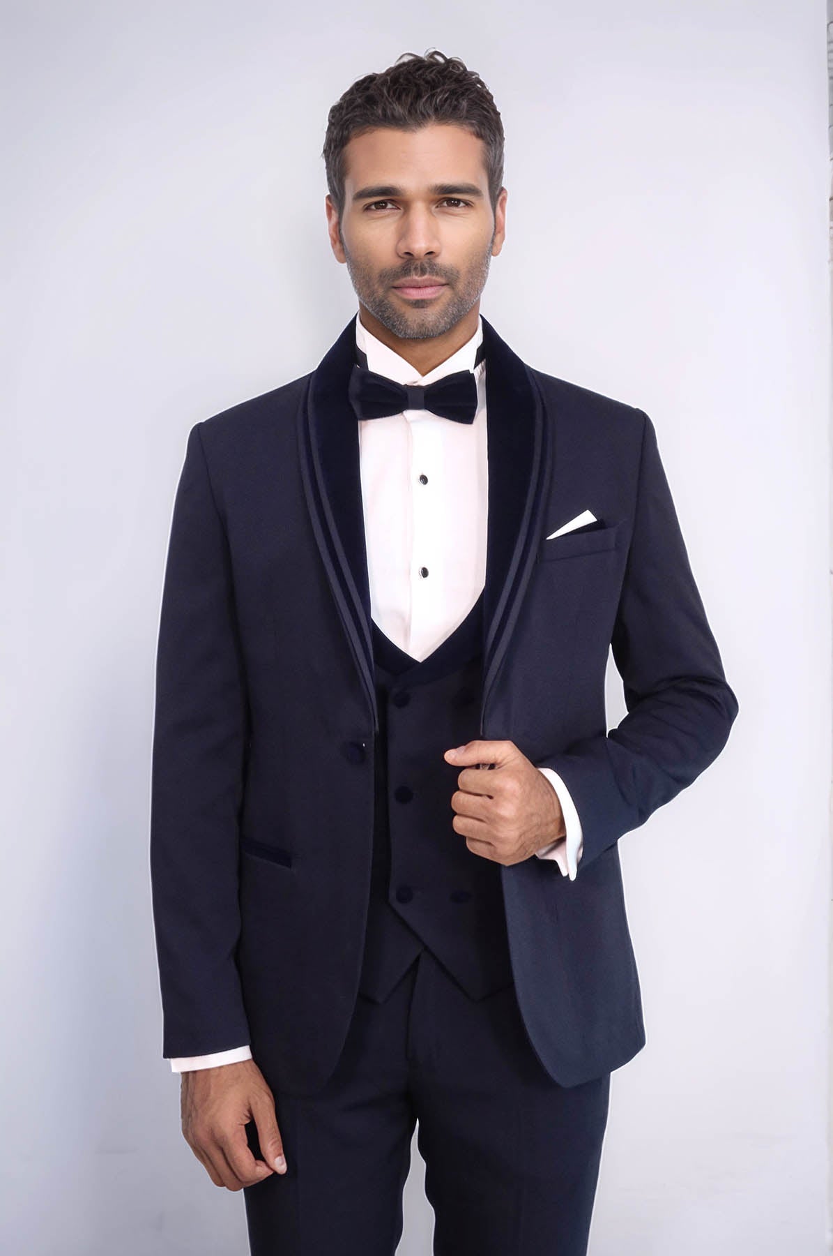KOALA SYDNEY 3 Piece Trim Detailed Self-Patterned Velvet Shawl Collar Navy Blue Men's Tuxedo