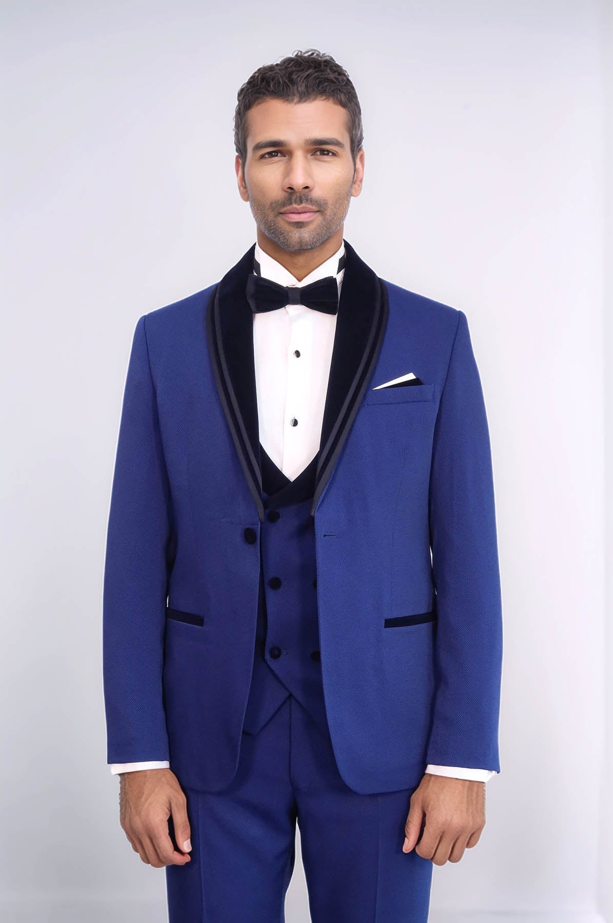 KOALA SYDNEY 3 Piece Trim Detailed Self-Patterned Velvet Shawl Collar Royal Blue Men's Tuxedo