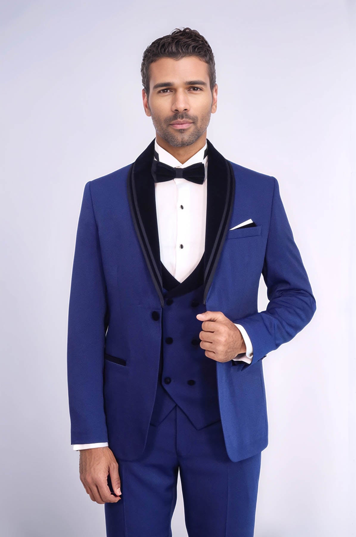 KOALA SYDNEY 3 Piece Trim Detailed Self-Patterned Velvet Shawl Collar Royal Blue Men's Tuxedo
