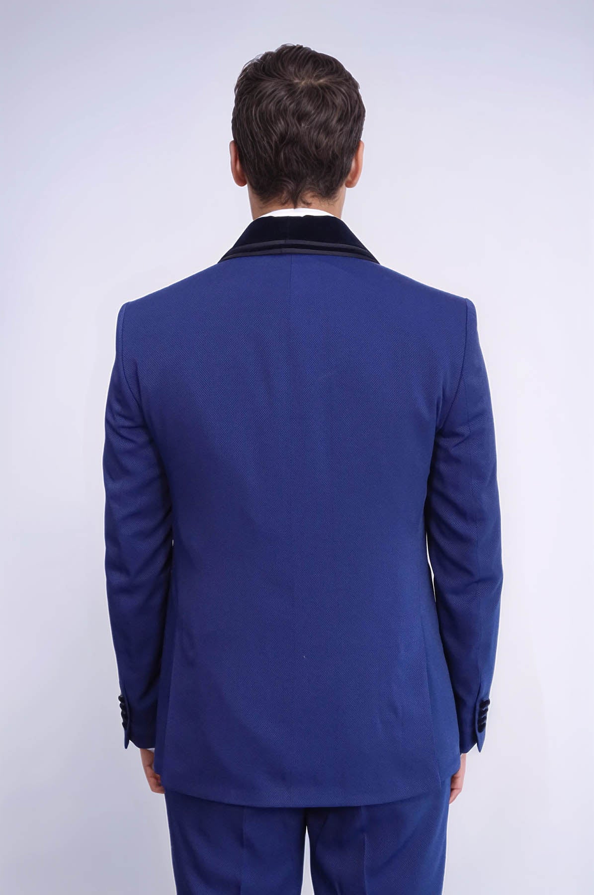 KOALA SYDNEY 3 Piece Trim Detailed Self-Patterned Velvet Shawl Collar Royal Blue Men's Tuxedo