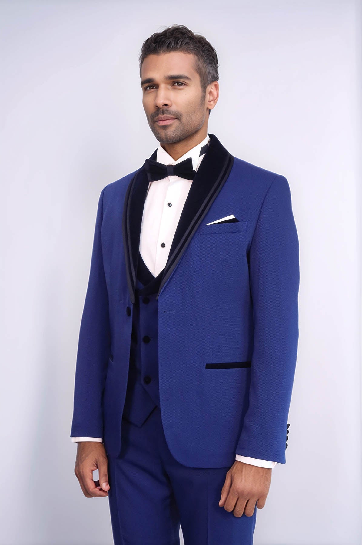 KOALA SYDNEY 3 Piece Trim Detailed Self-Patterned Velvet Shawl Collar Royal Blue Men's Tuxedo
