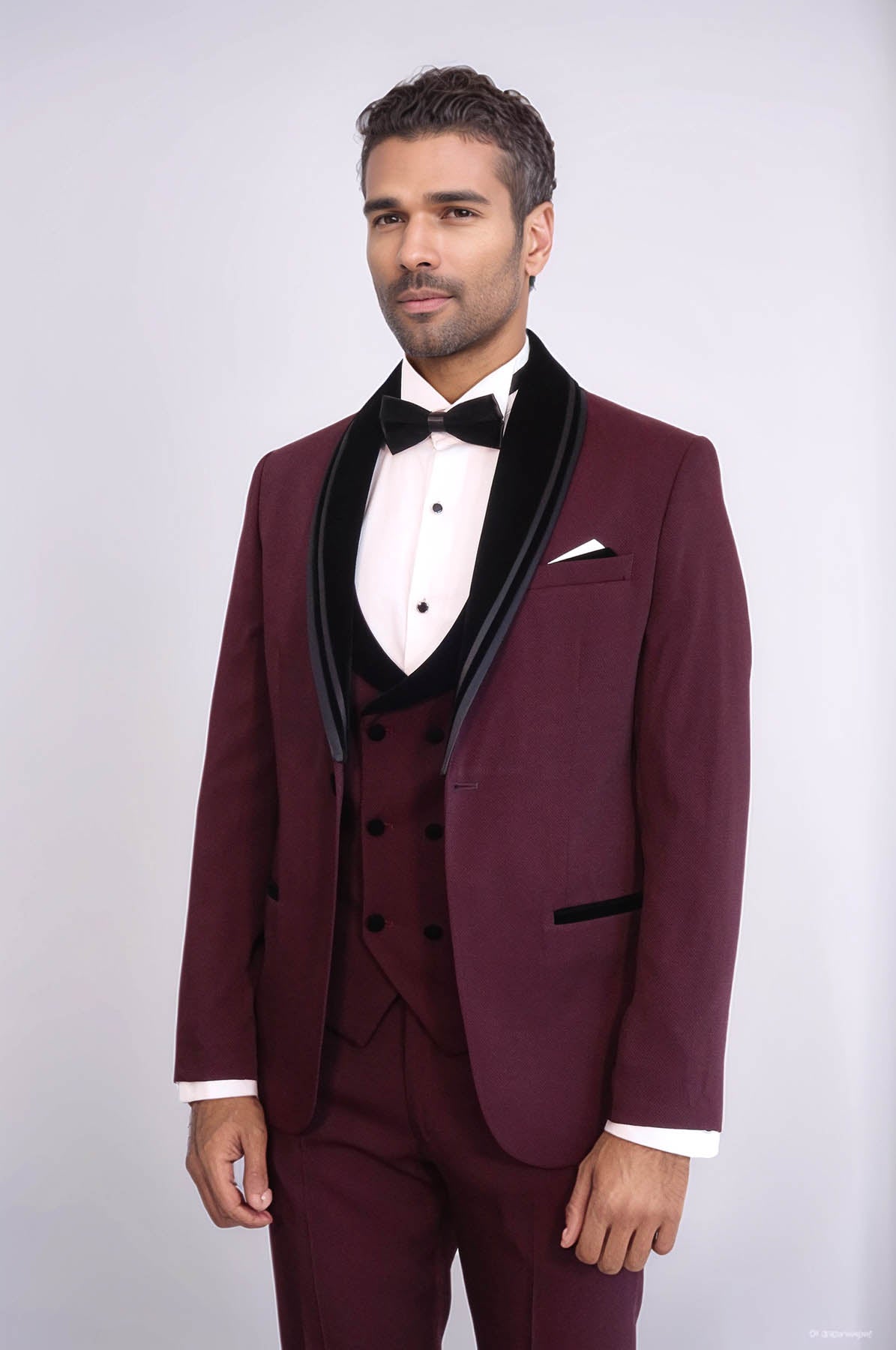 KOALA SYDNEY 3 Piece Trim Detailed Self-Patterned Velvet Shawl Collar Burgundy Men's Tuxedo