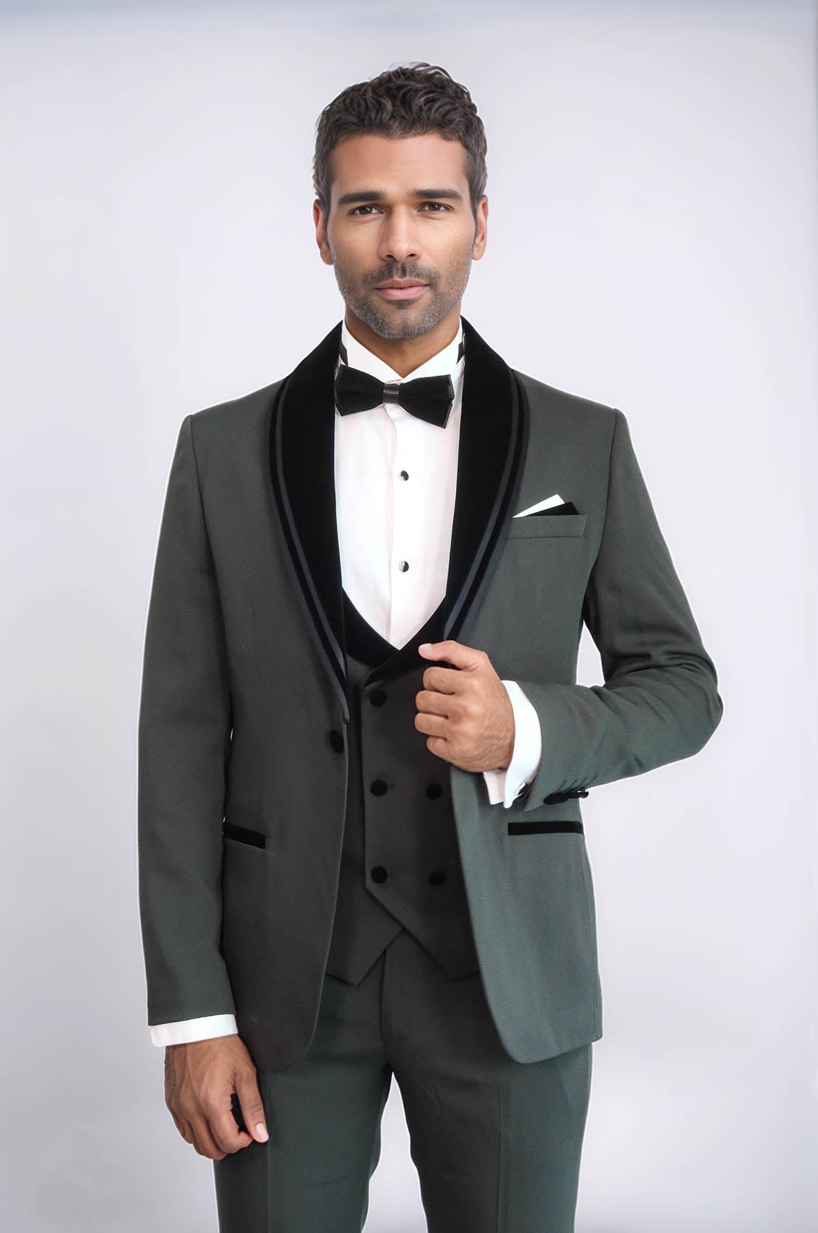 KOALA SYDNEY 3 Piece Trim Detailed Self-Patterned Velvet Shawl Collar Khaki Men's Tuxedo