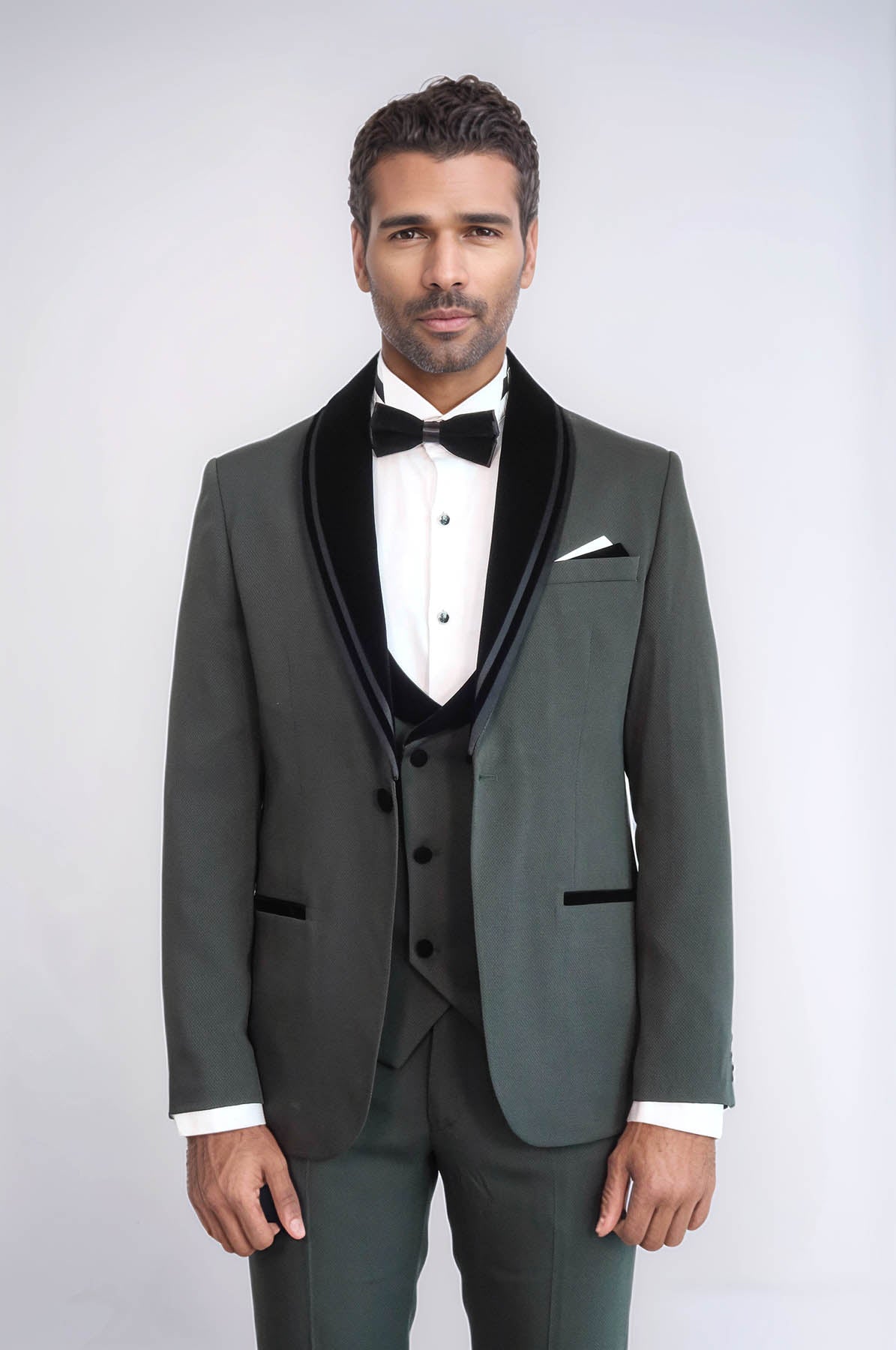 KOALA SYDNEY 3 Piece Trim Detailed Self-Patterned Velvet Shawl Collar Khaki Men's Tuxedo