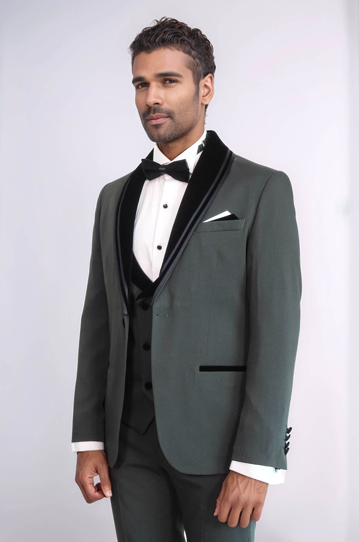 KOALA SYDNEY 3 Piece Trim Detailed Self-Patterned Velvet Shawl Collar Khaki Men's Tuxedo