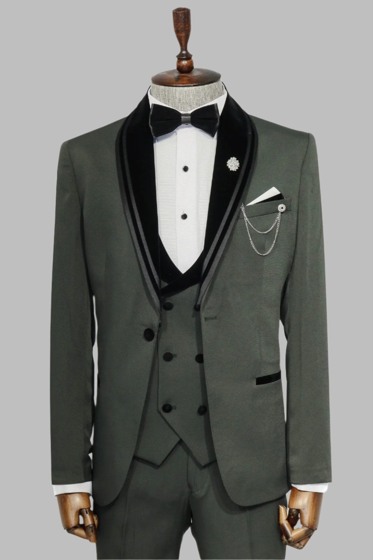 KOALA SYDNEY Green Velvet and Trim-Detail Waistcoat Tuxedo with White Shirt Look Evening Event Style
