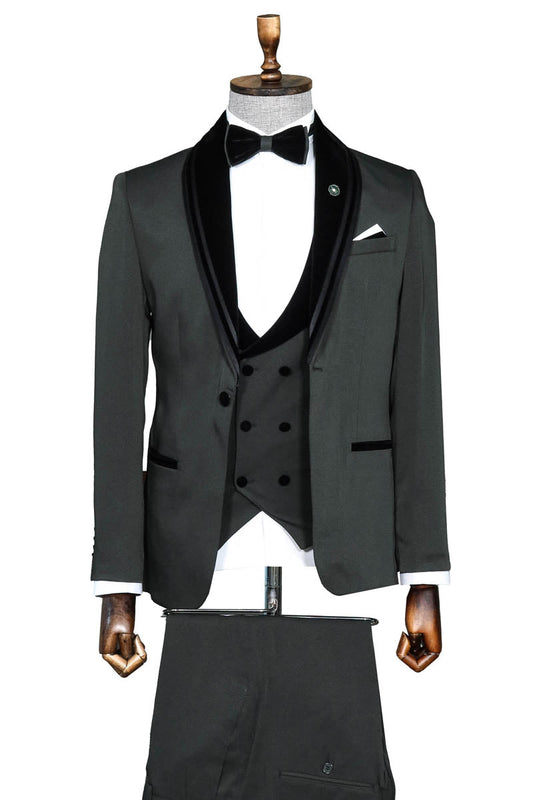 Green Velvet and Trim-Detail Waistcoat Tuxedo with White Shirt Look - Evening Event Style
