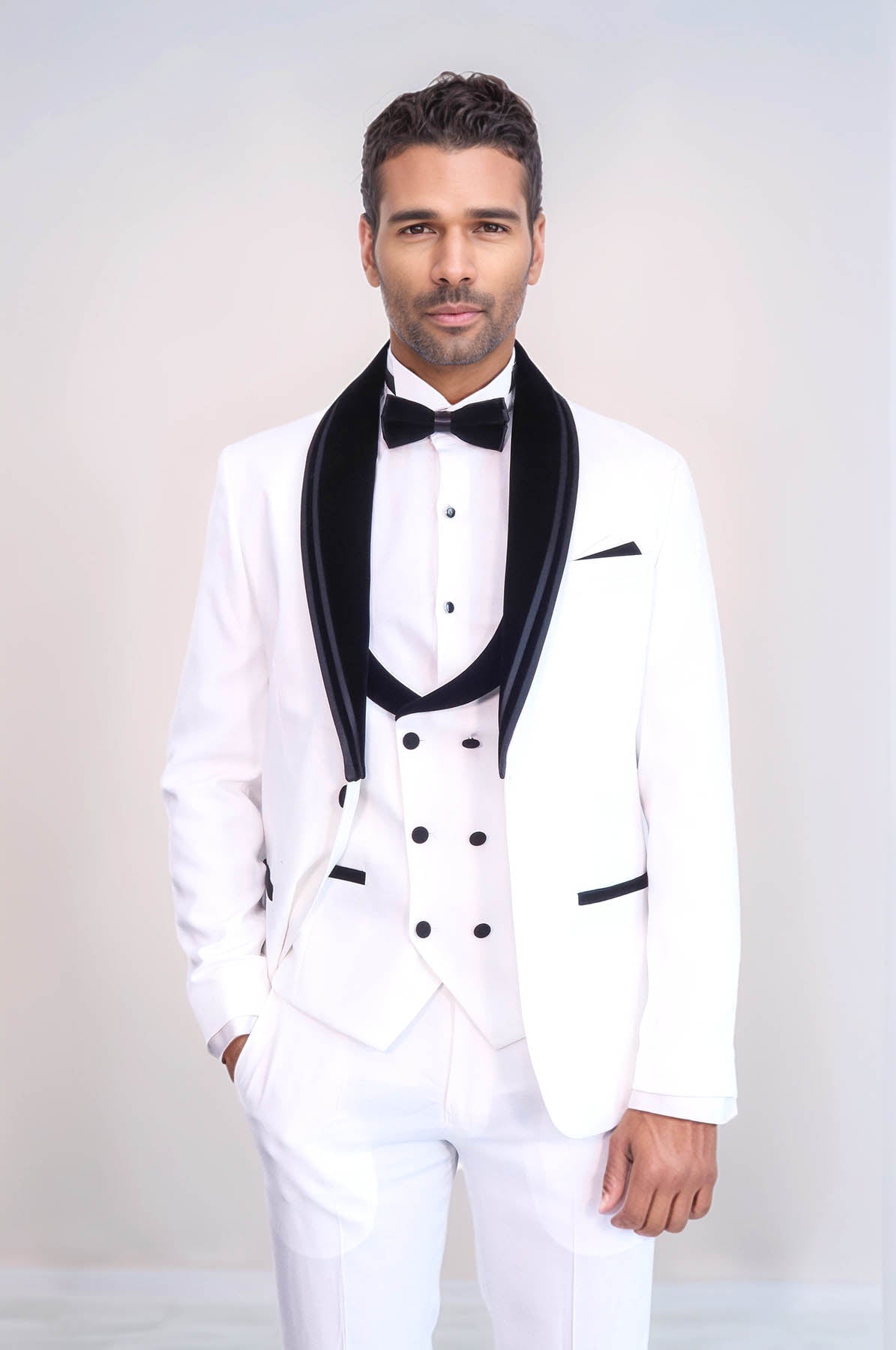 KOALA SYDNEY 3 Piece Trim Detailed Self-Patterned Velvet Shawl Collar White Men's Tuxedo
