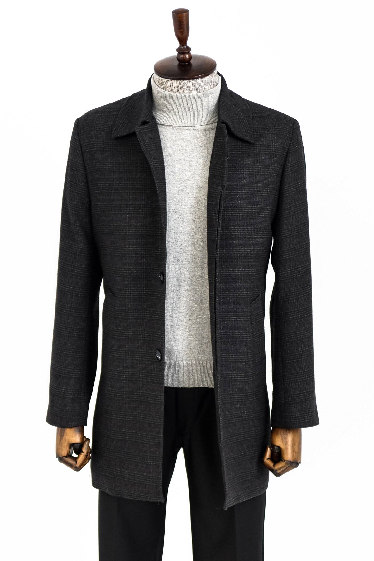 Black Hidden Button Peak Lapel Coat