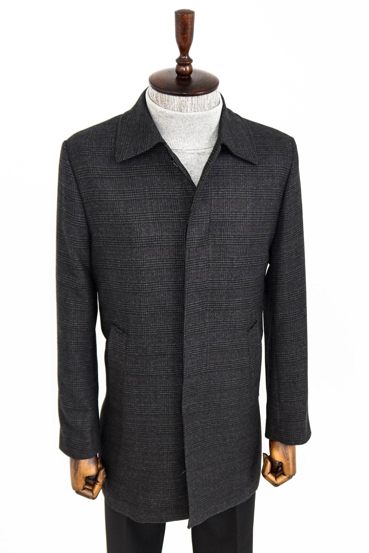 Black Hidden Button Peak Lapel Coat
