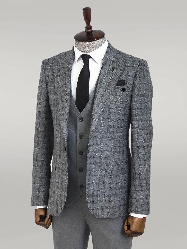 Checked Vested Grey Men Suit -