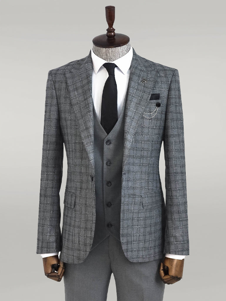 Checked Vested Grey Men Suit -
