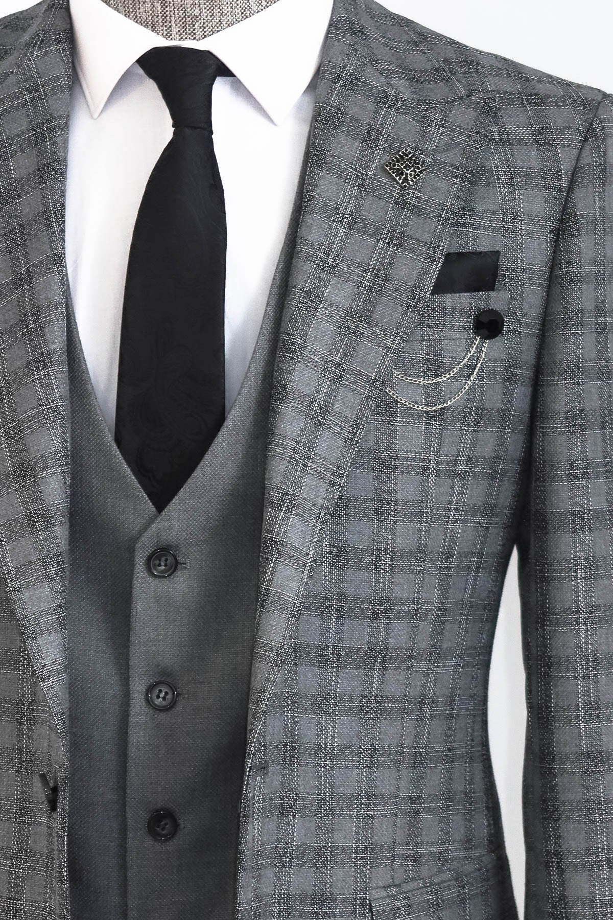 Checked Vested Grey Men Suit -