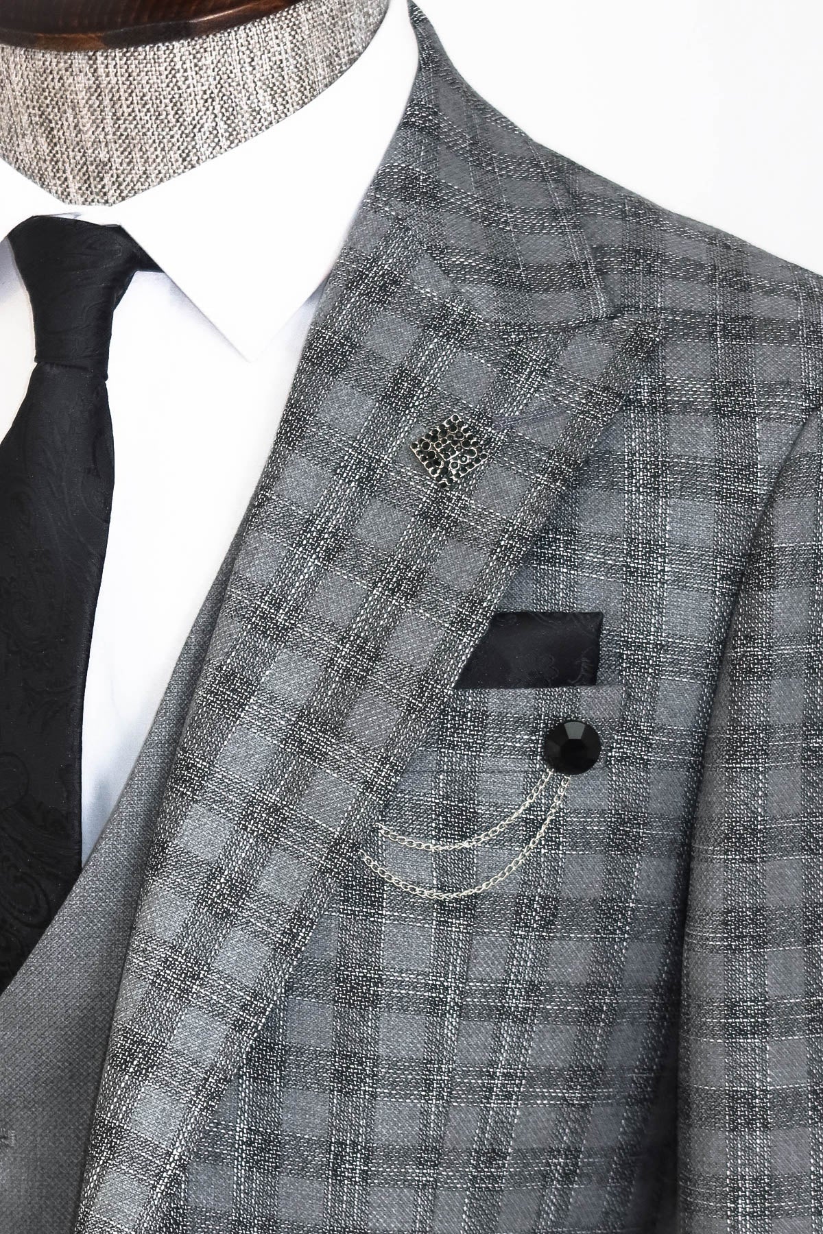 Checked Vested Grey Men Suit -