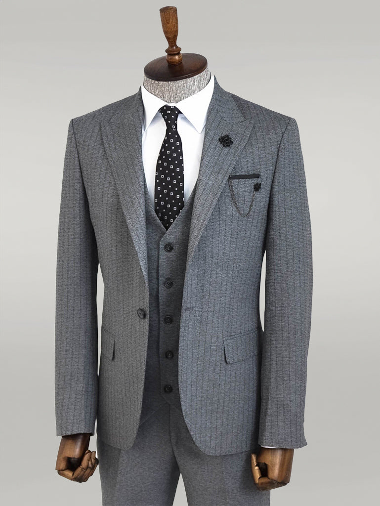 Striped Vested Grey Men's Suit - Wessi