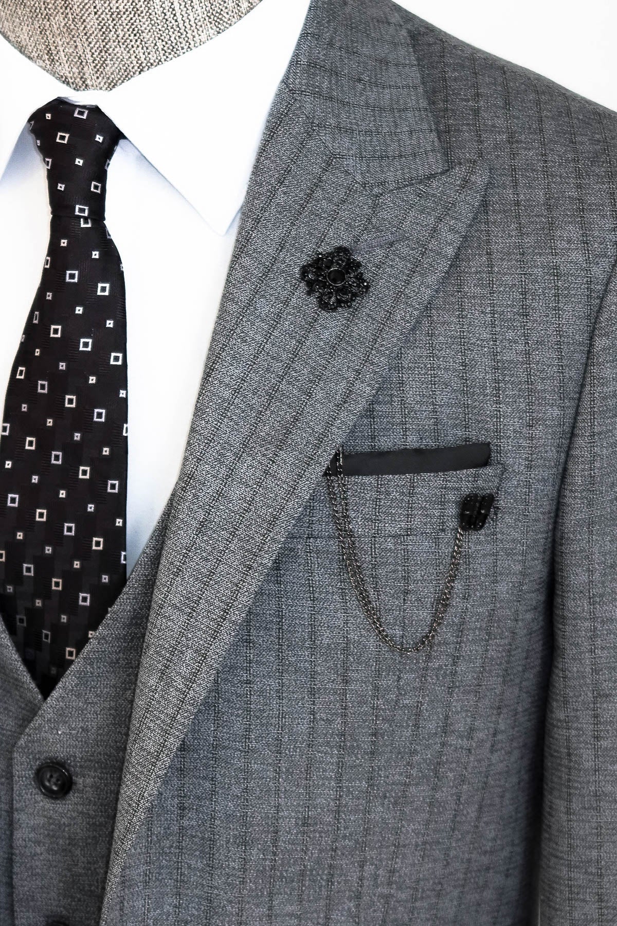 Striped Vested Grey Men's Suit - Wessi