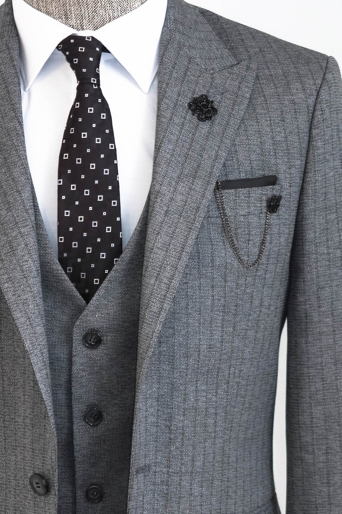 Striped Vested Grey Men's Suit - Wessi