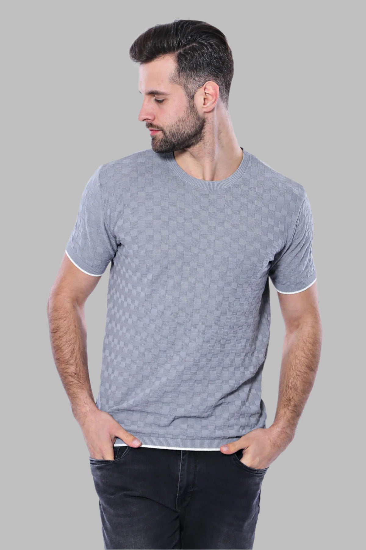 Grey Patterned Tricot Knitted T-Shirt - Wessi