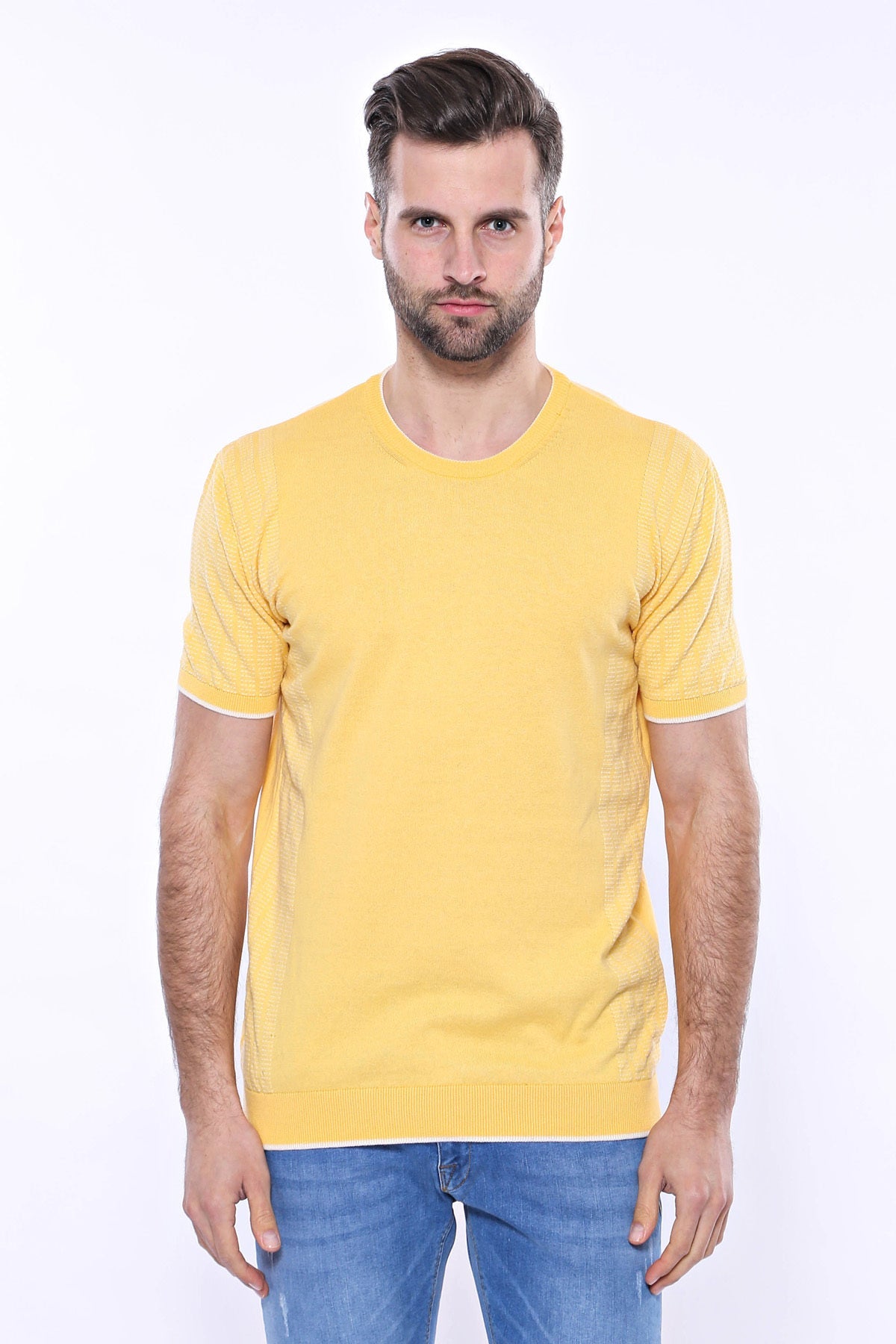 Circle Neck Patterned Yellow Knitted T-Shirt