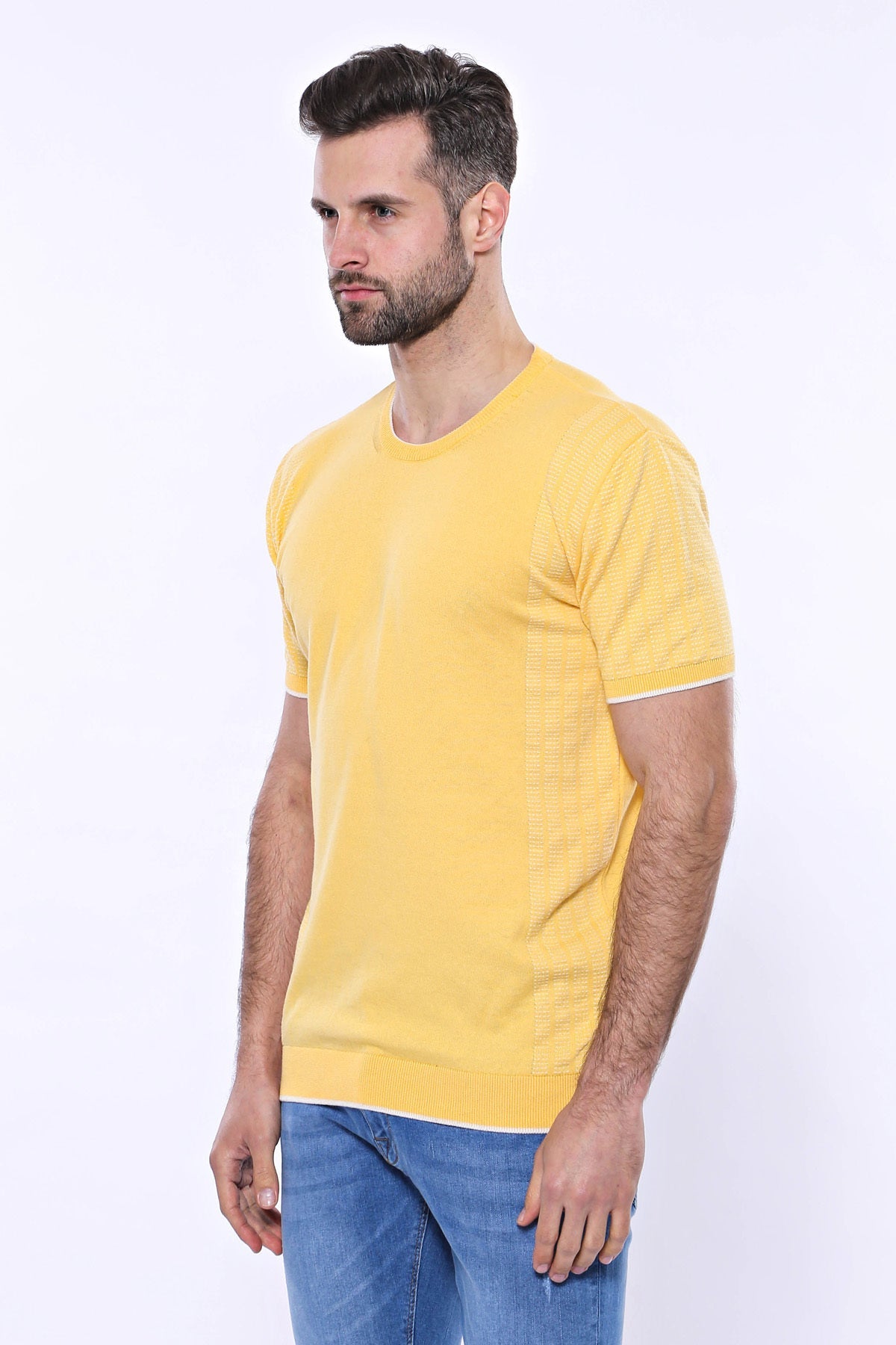 Circle Neck Patterned Yellow Knitted T-Shirt