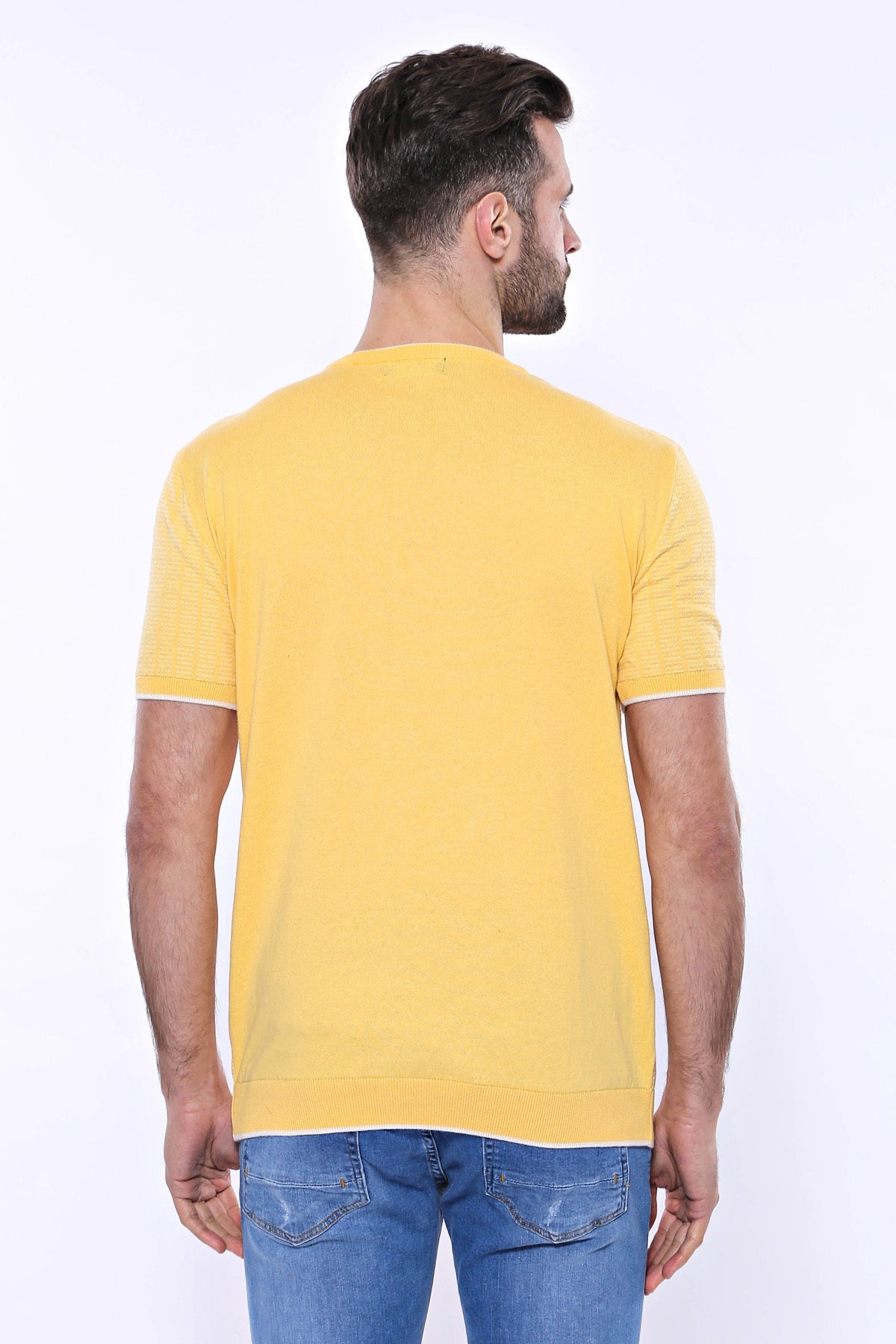 Circle Neck Patterned Yellow Knitted T-Shirt