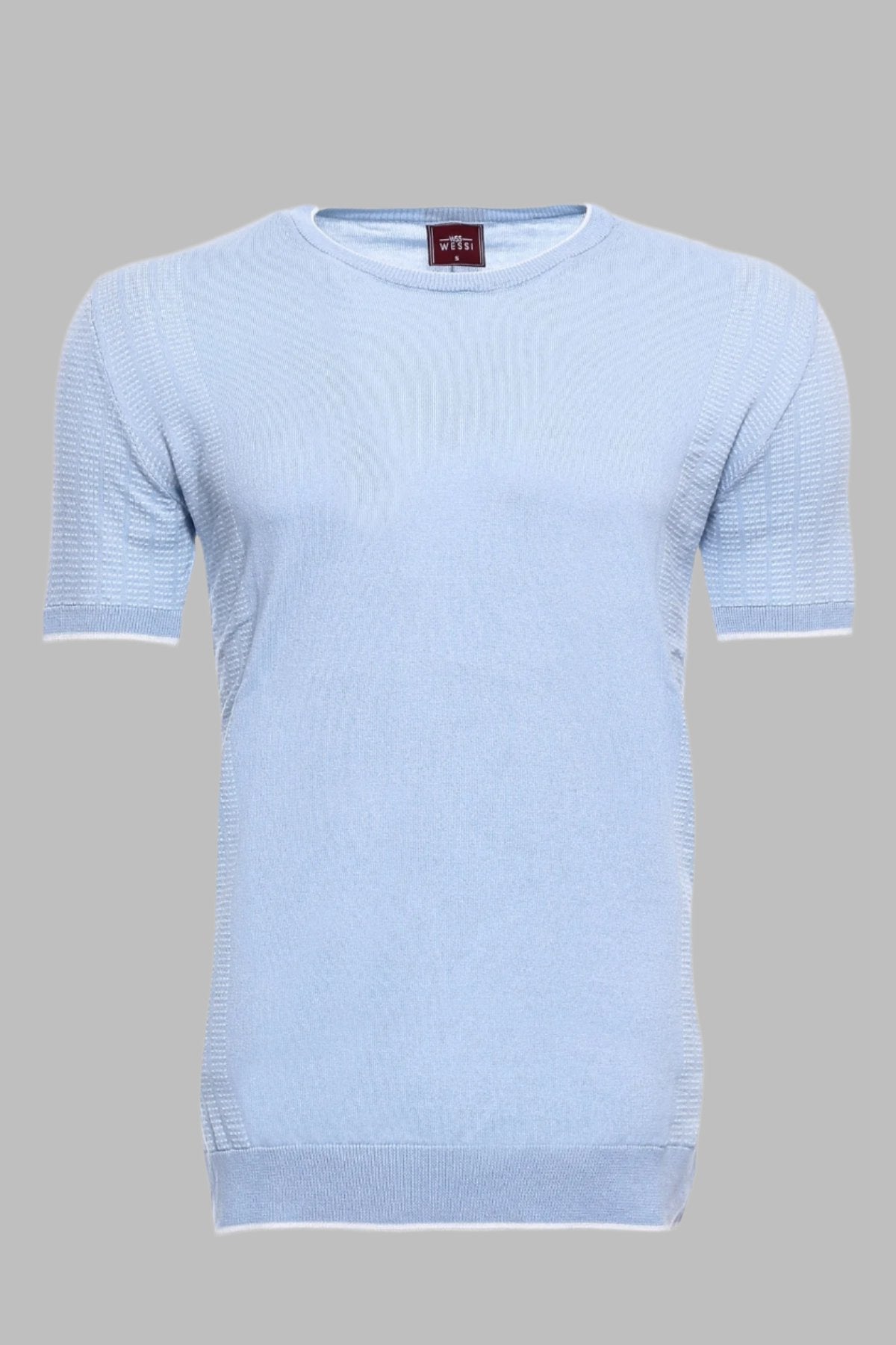 Circle Neck Patterned Blue Knitted T-Shirt