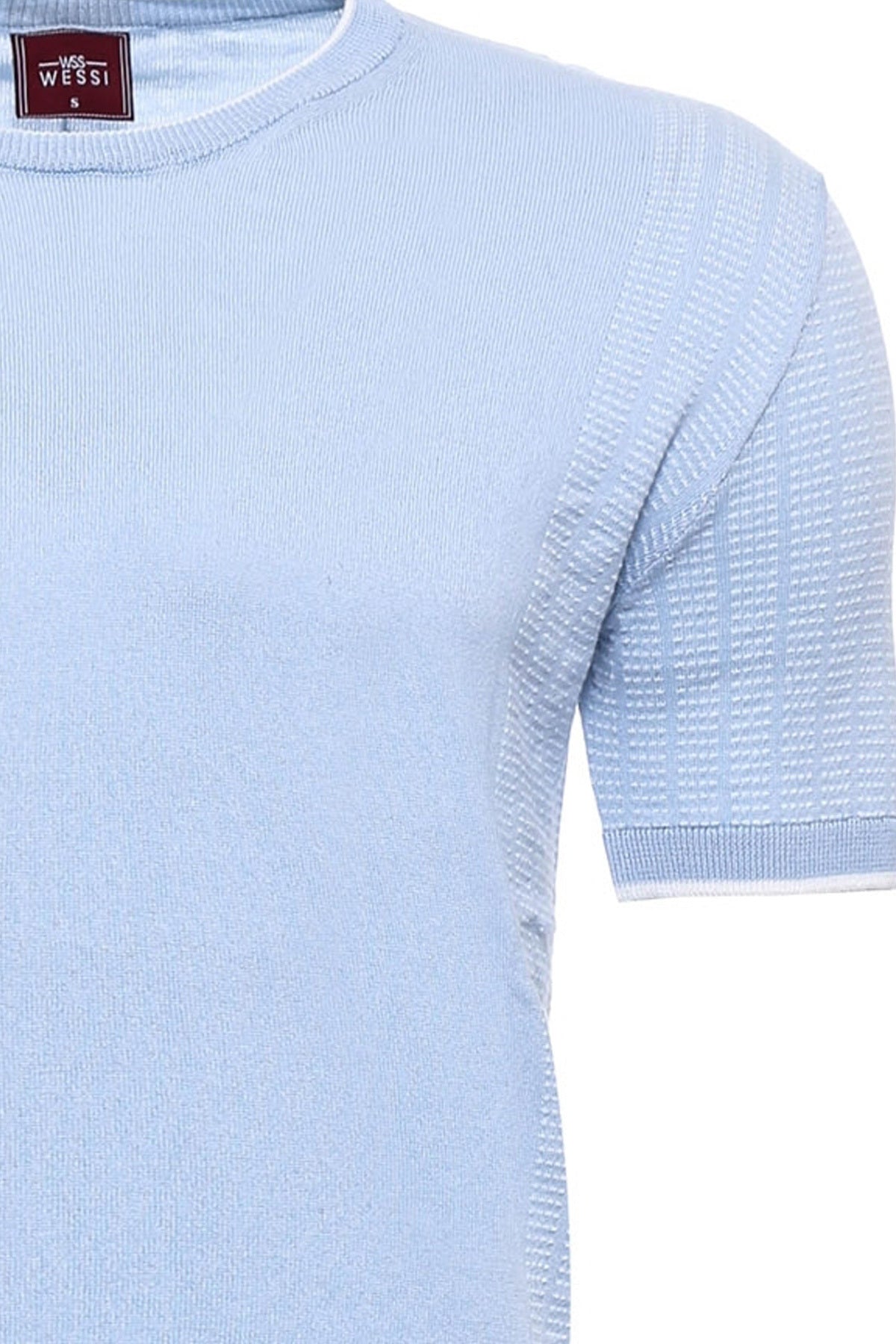 Circle Neck Patterned Blue Knitted T-Shirt