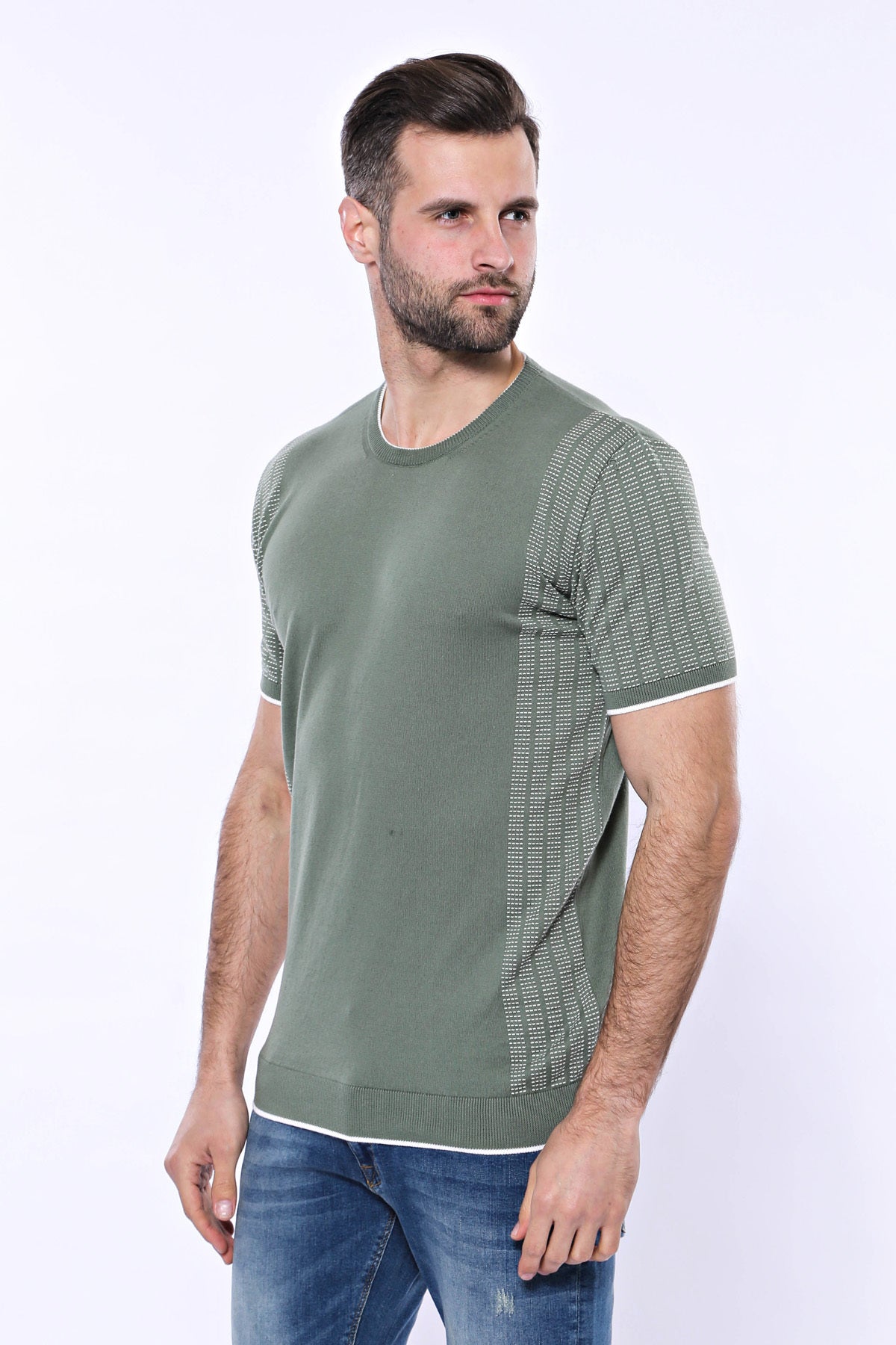 Circle Neck Patterned Green Knitted T-Shirt
