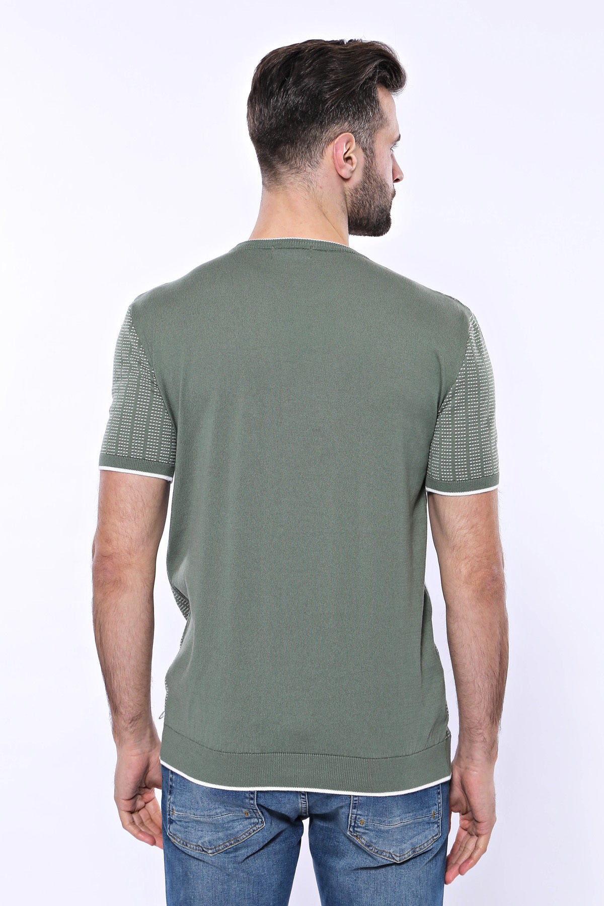 Circle Neck Patterned Green Knitted T-Shirt