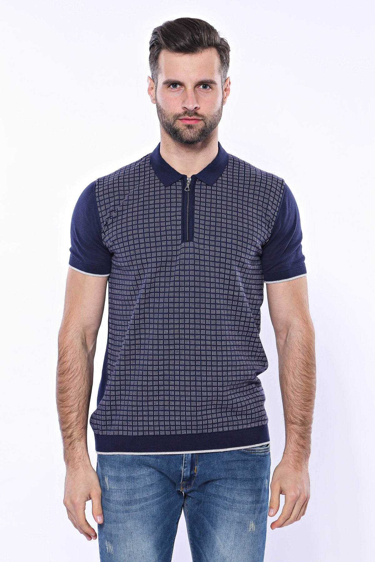 Navy Plaid Zippered Knitted Polo T-Shirt