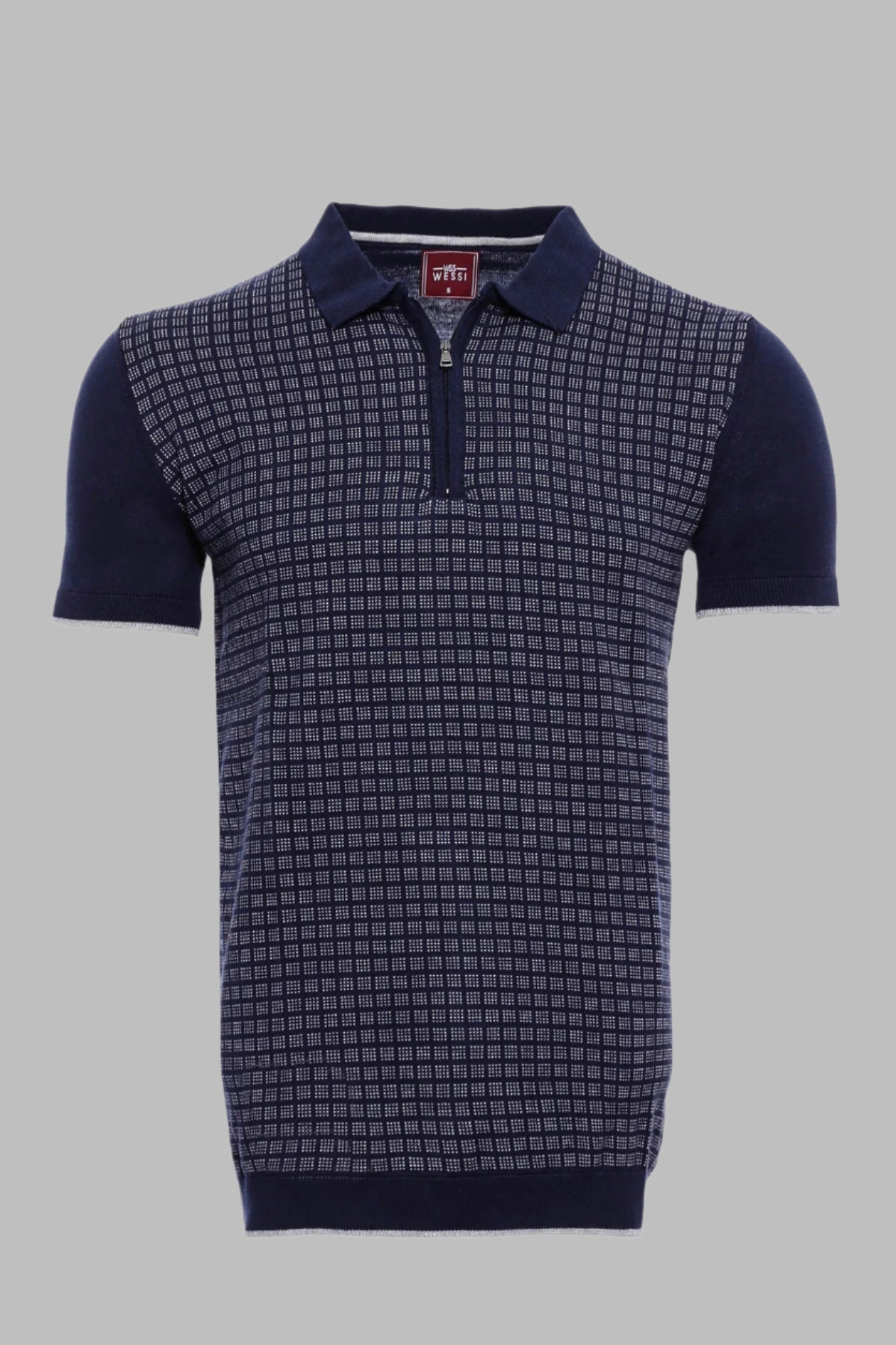 Navy Plaid Zippered Knitted Polo T-Shirt