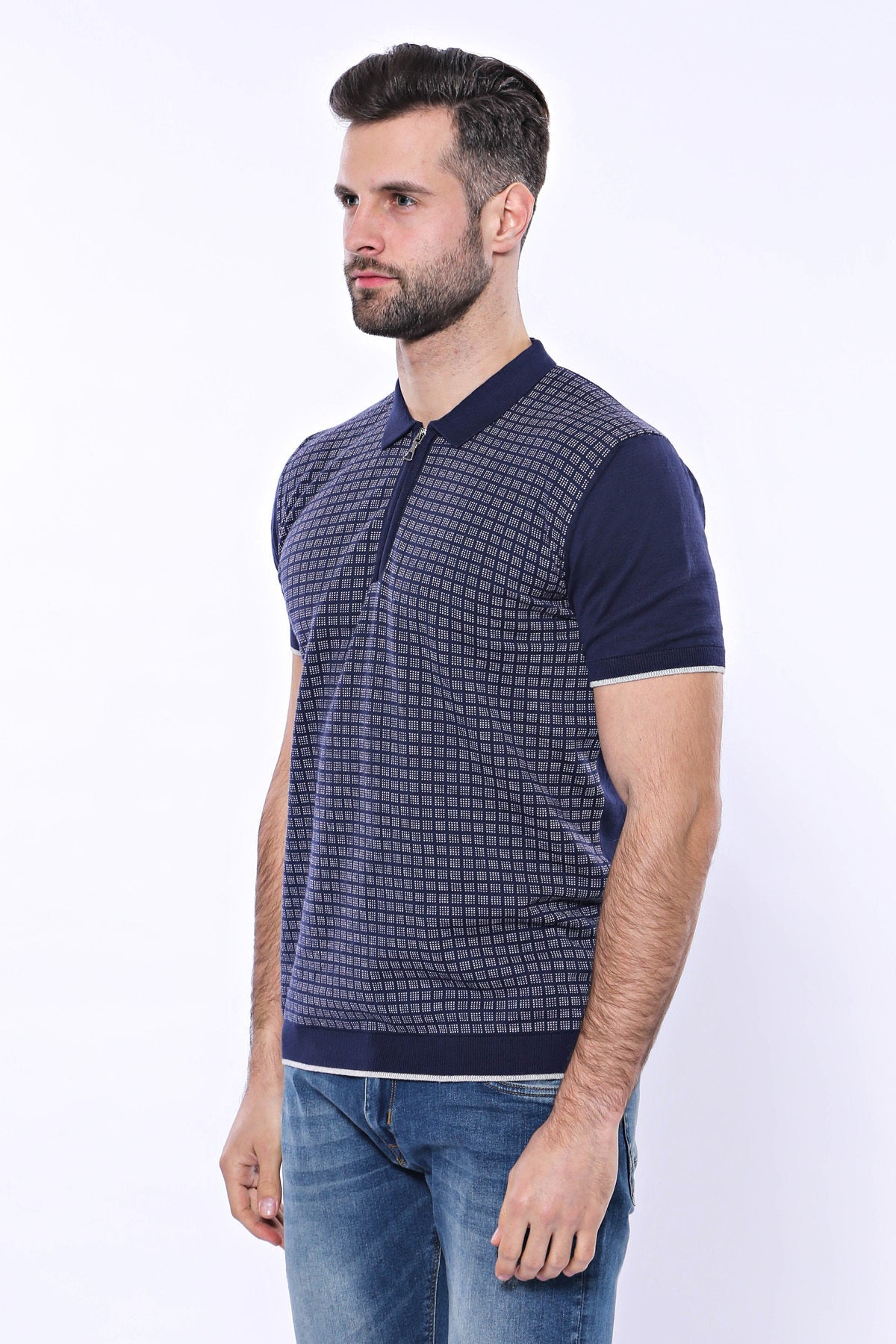 Navy Plaid Zippered Knitted Polo T-Shirt