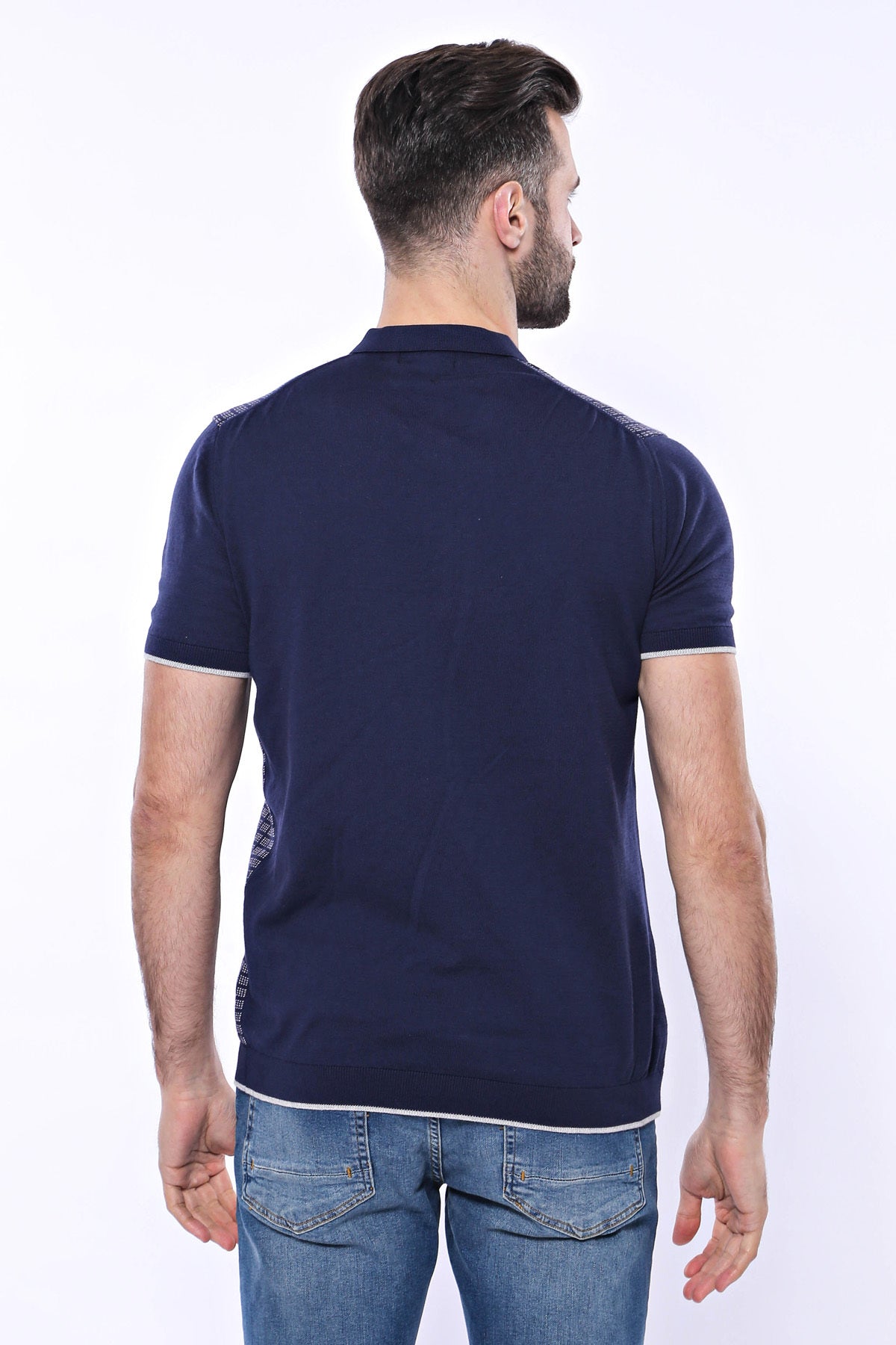 Navy Plaid Zippered Knitted Polo T-Shirt