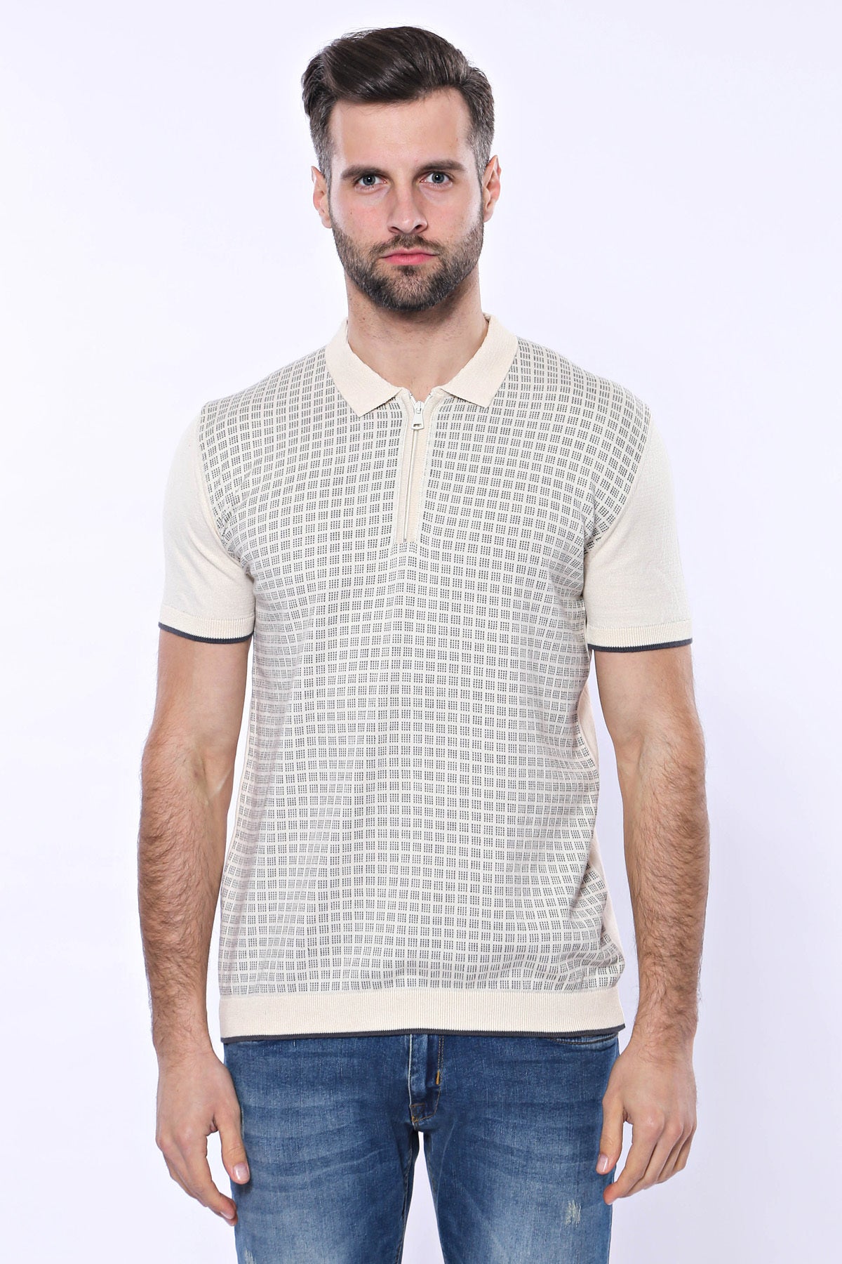 Cream Plaid Zippered Polo Knitted T-Shirt