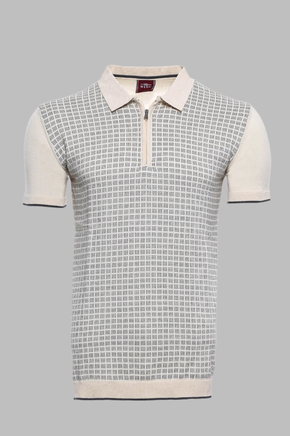 Cream Plaid Zippered Polo Knitted T-Shirt